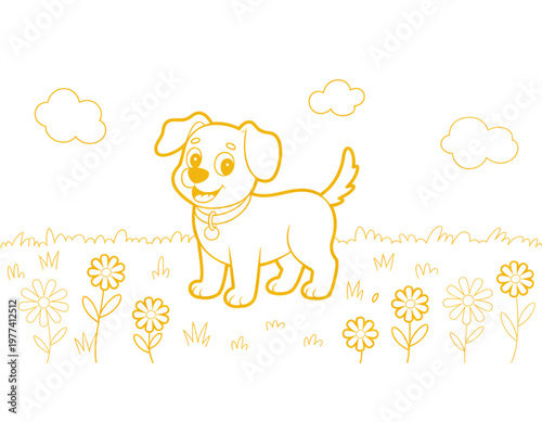 A cheerful cartoon dog playing with a frisbee under a sunny sky Vector