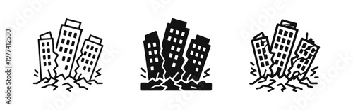 Collapsing Building Icon Set. Earthquake Destruction and Demolition Symbol in Outline, Solid, and Hand-Drawn Styles