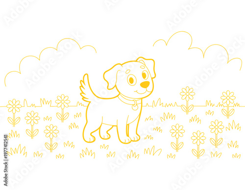 A playful cartoon dog sitting in a field of flowers and grass Vector