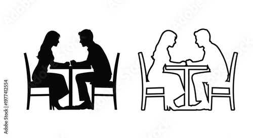 Couple dining at a table depicted in a stark black silhouette