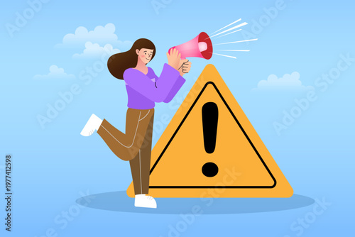 Crisis communication and risk alert concept. Woman character holding a megaphone next to a large yellow caution sign for internal announcements and emergency notification concepts.