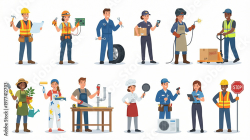 Diverse Professionals Posing with Tools and Equipment Representing Various Industries and Occupations