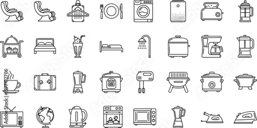 Home appliance and household line icon set with kitchen tools furniture washing machine coffee maker and domestic equipment isolated on white background