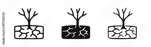 Dead Tree in Cracked Earth Icon Set. Drought and Environmental Crisis Symbol in Outline, Solid, and Hand-Drawn Styles
