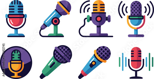 Microphone audio recording icon set colorful flat vector collection for podcast music studio broadcasting voice sound concepts design