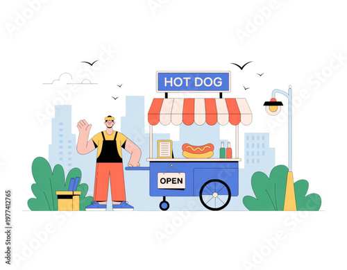 Colorful food truck parked near urban street with customers Vector