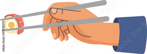 Flat minimalist vector illustration of a hand holding grey chopsticks picking up a piece of sushi roll, representing Asian cuisine, dining etiquette, and Japanese food concepts.
