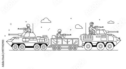Modern military convoy featuring armored vehicles and soldiers with rifles, depicted in a clean, scalable line art style with a simple monochrome palette, suitable for commercial