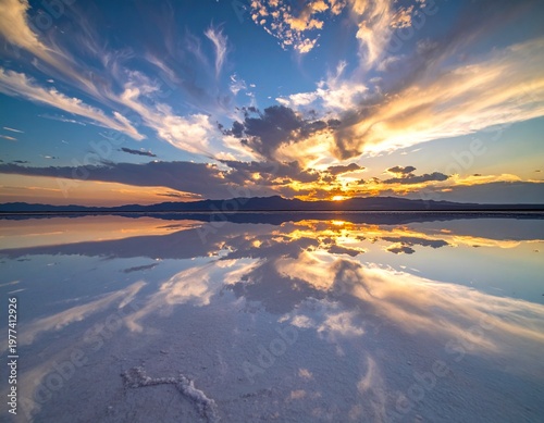 Salar infinito con efecto espejo reflejando cielo dramático al atardecer, paisaje surrealista