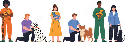 Diverse People With Pets Vector Set Featuring Happy Men And Women Holding Cats And Dogs For Animal Care And Veterinary Clinic Graphic Designs