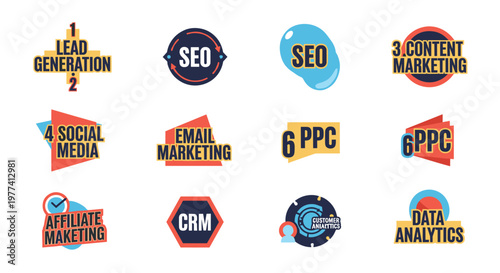 Digital marketing strategy icons featuring lead generation, seo, content, social media, email, ppc, affiliate marketing, crm, customer analytics, and data analysis, presented with