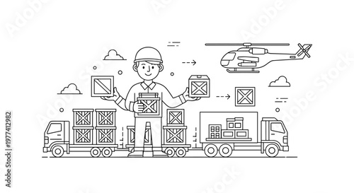 Smiling warehouse worker wearing hard hat, holding shipping crates, surrounded by cargo trucks and a helicopter, symbolizing efficient logistics and global distribution network