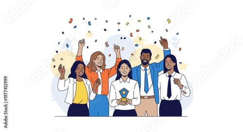 Diverse group of happy professionals celebrating achievement with confetti falling, one person holding a golden trophy, representing success and teamwork in a modern, clean vector