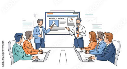 Professional team collaborates during project presentation, discussing strategy with charts, laptops, and a speaker engaging audience in a modern office setting, conveying