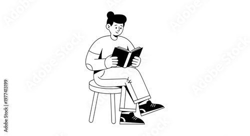 Young person with hair bun, wearing casual clothes and sneakers, sits comfortably on a stool, engrossed in reading an open book, depicted with clean black outlines and shapes,