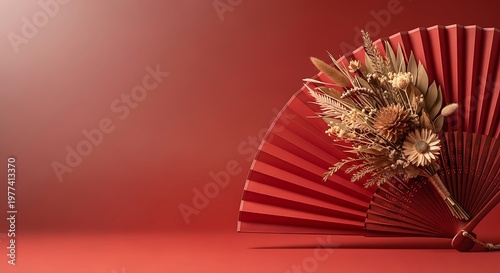 Golden dragon mask with red fan a symbol of chinese culture and celebration