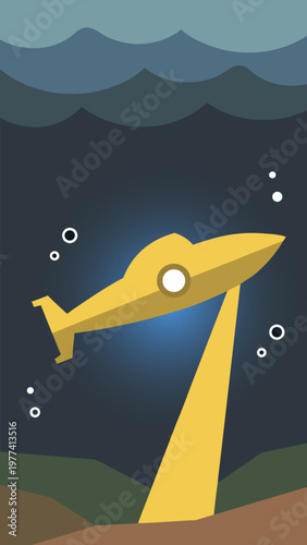 Minimalist Undersea Mobile Wallpaper Featuring a Submersible Vehicle Navigating Dark Waters with Bubbles