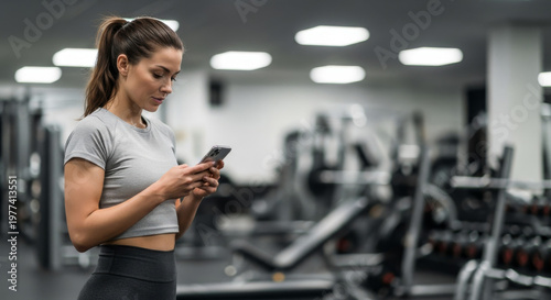 Mulher em academia usando o celular