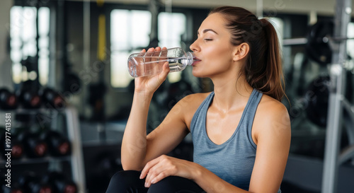 Mulher na academia bebendo água