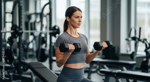 Mulher em academia fazendo musculação, treino com halteres, bíceps