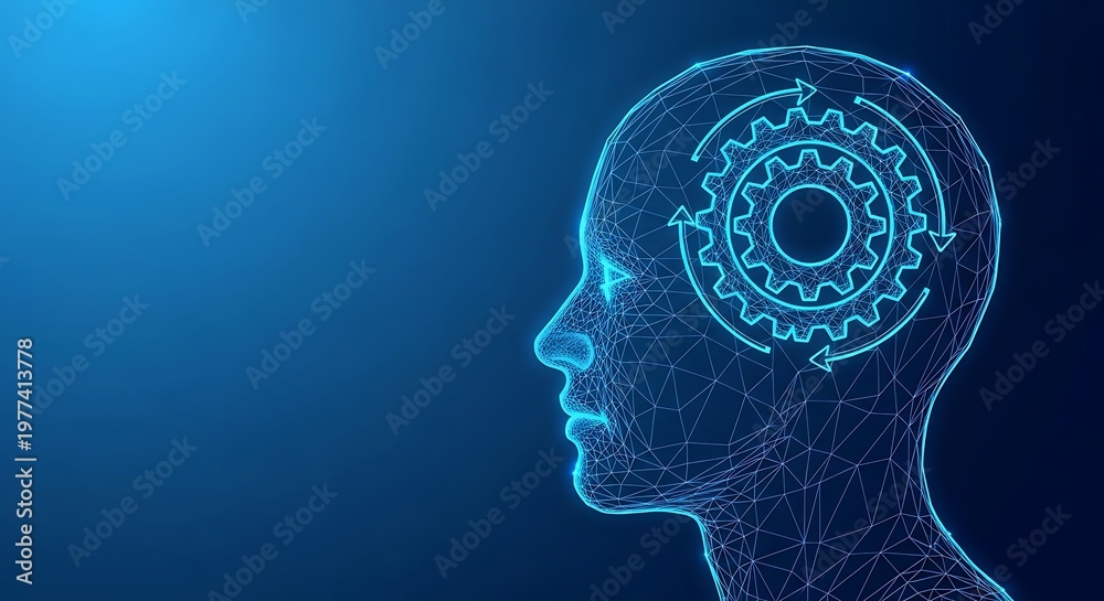 Obraz premium A digital human head silhouette with gears representing thought process on a blue background