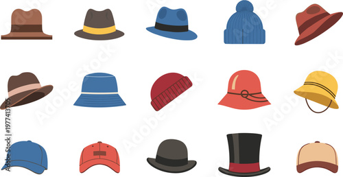 Diverse Men and Women Hat Collection Vector Set Featuring Fedora Beanie Baseball Cap Bucket Hat Top Hat And Sun Hat For Fashion Style And Accessory Graphic Designs