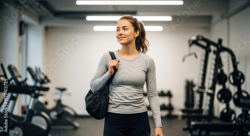 Mulher em academia carregando bolsa