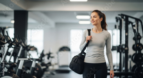 Mulher em academia carregando bolsa