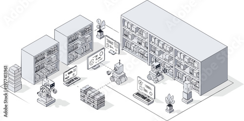 Isometric Illustration of an Automated Smart Warehouse with Robots, Digital Data Management Systems, and Intelligent Logistics Infrastructure