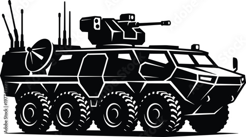 Black and white of a military armored vehicle with a turret and satellite dish military vehicle tank
