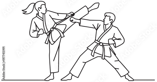 continuous line drawing illustration depicting two practitioners engaging in martial arts combat, vector