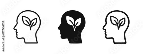 Ecology Thinking Icon Set, Human Head with Green Leaf, Environmental Mindset, Sustainability and Nature Concept