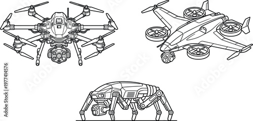 Drone and helicopter technical line black and white aircraft unmanned aerial vehicle
