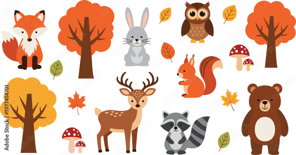 Naklejka premium Cute Forest Wildlife Vector Set Featuring Bear Fox Squirrel Raccoon Rabbit Frog Turtle and Wild Boar with Green Trees and Leaves for Nature Themed Designs