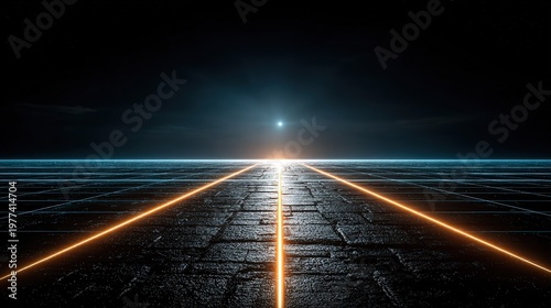 Futuristic Glowing Neon Orange Pathway on Dark Digital Grid Landscape, Sci-Fi Cyberpunk Night Scene with Distant Horizon Light, Tech Background for Design, Presentation and Banner Projects