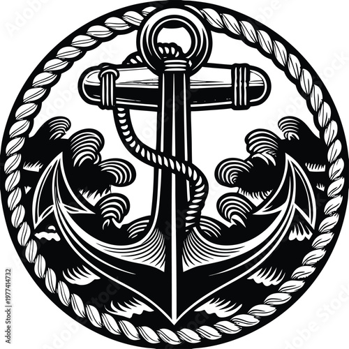 Nautical anchor icon, rope circle, black and white vector, sea waves, anchor symbol