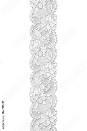 White Lace Ribbon Trim Vertical Border Isolated on White Background
