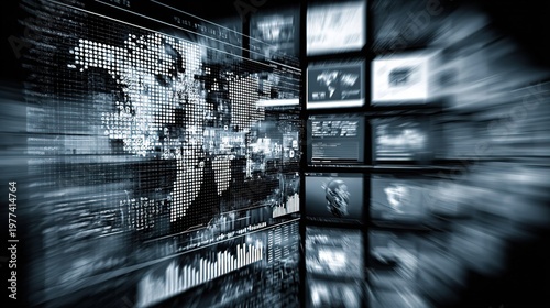 Pixelated Human Face in Data Grid: Dynamic Blur Multi-Screen Wall with Real-Time Big Data Streams, AI-Driven Information Visualization & Digital Surveillance – Futuristic Tech Concept