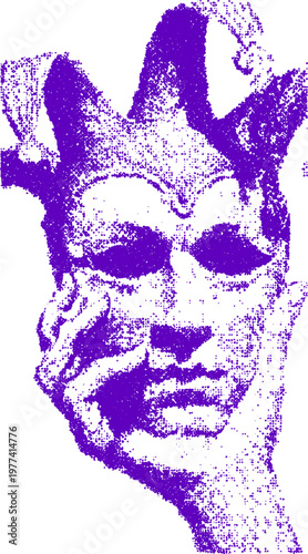 Purple mask art featuring a detailed face vector illustration. This graphic uses dots and texture to create an unusual visual concept.