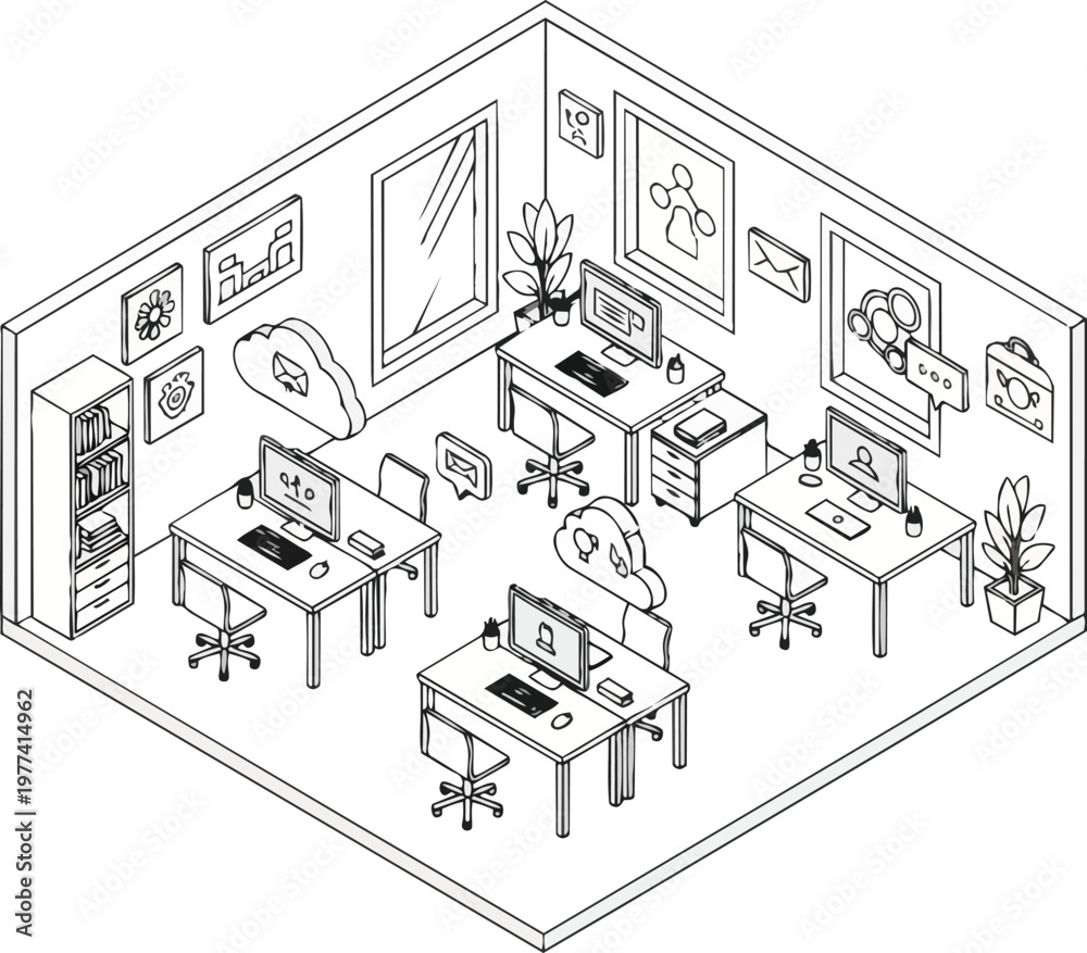 Naklejka premium Modern Isometric Office Workspace Line Art Illustration with Computers, Cloud Technology Icons, and Furniture