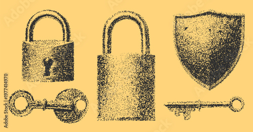 Vintage lock and key set. Flat illustration featuring a shield and padlock with a simple black and yellow design. Vector art for security-related concepts.