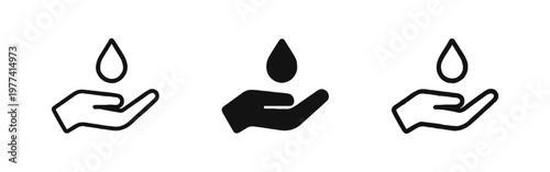 Water Conservation Icon Set, Hand with Water Drop, Purity and Hygiene Symbol, Environmental Protection Concept