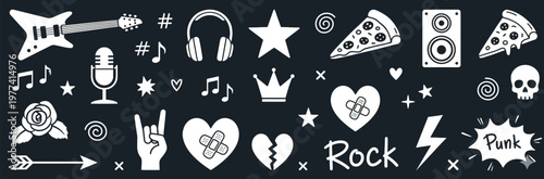Rock music and punk subculture symbols: guitar, headphones, pizza, skull, hearts, and typography