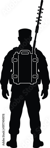 Silhouette of a soldier with a backpack and rifle, against a white background, black