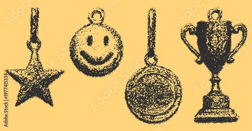 Icons of awards include a star, medal, and trophy. Set of vector illustrations in flat style, representing honor and achievement.