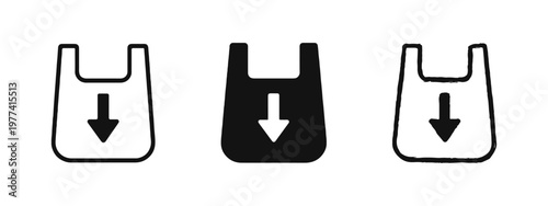 Eco friendly plastic bag icon with down arrow representing biodegradable materials and environmental protection