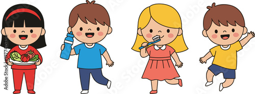 Cute Little Children Practicing Healthy Habits Vector Set Featuring Kids Eating Vegetables Drinking Water Brushing Teeth And Staying Active For Wellness Graphic Designs