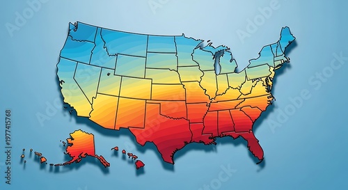 Colorful gradient map of the united states illustrating temperature or data visualization