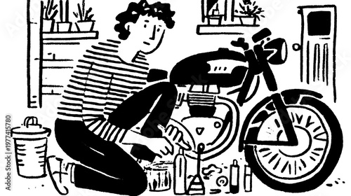 Mechanic repairing a motorcycle in an indoor workshop. Simple black and white vector illustration with tools and bike parts in a set.