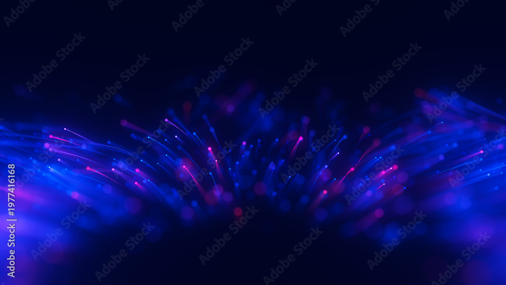 Fototapeta premium Closeup of Big data light speed flow outwards left bottom. Abstract digital data stream of quantum computing. Cyberspace of qubit trail waves. Modern tech information transmission. Ai neural network